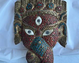 Vtg Tibetan Brass Ganesha Mask with Mosaic Inlay
