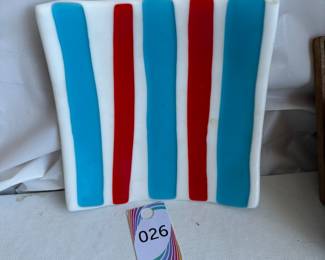 Mid Century Red White Blue Fused Art Glass Tray Dish