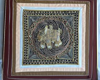 Framed Indian Zardozi Metallic Bullion Elephant Embroidery
