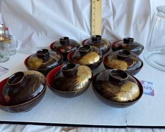 Set of 9 Vintage Japanese Lacquerware Bowls with Lids