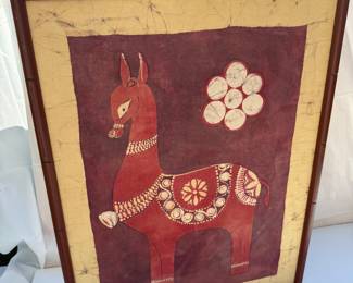 Framed Indian Folk Art Painting on Fabric Red Horse