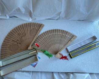 Pair of Vintage Folding Bamboo Wood Hand Fans with Cases