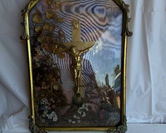 Vintage Gilt Metal Framed Convex Glass Crucifix Shadowbox