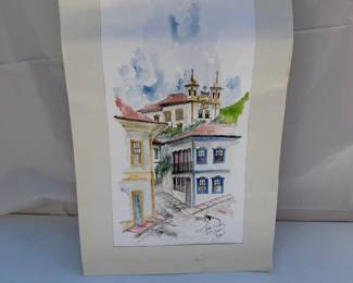 Matted Architectural Watercolor Print Mediterranean Street