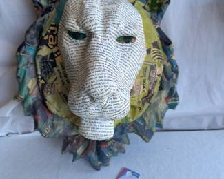 Whimsical Papier-Mache Newsprint Lion Face Wall Hanging