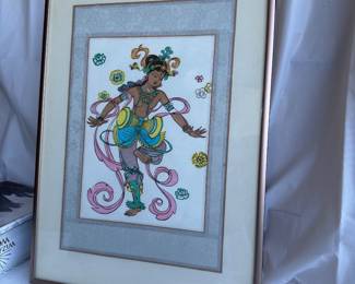 Vtg Folk Art Framed Hindu Deity Painting Silk