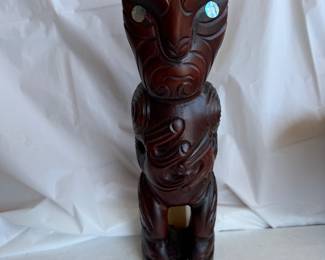 Hand Carved Maori Wooden Tiki Figure with Shell Inlayed Eyes