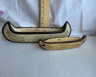 Set of 2 Vintage Wooden Canoe Bowls Fish Bear Print $9.00