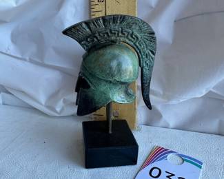 Greek Corinthian Helmet Verdigris Bronze Mini Statue