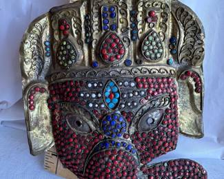 Vtg Tibetan Brass Ganesha Mask with Mosaic Inlay