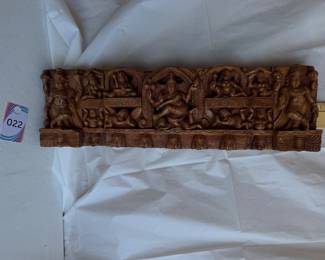 Hand Carved Wooden Relief Panel with Deity Figures