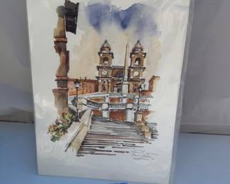 Matted Architectural Watercolor Print European City Steps