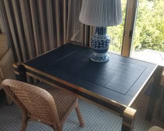 Rattan chair; desk; table lamp