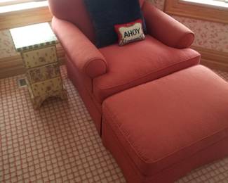 Cozy chair with matching ottoman; handpainted accent chest