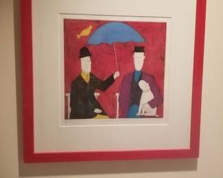 Framed silkscreen print titled "Under the Umbrella" (red version) by contemporary British artist Annora Spence