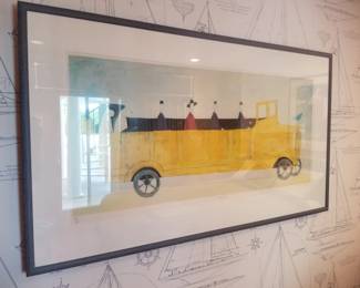 The Yellow Bus limited edition silkscreen print created in 1997 by British naive and whimsical artist Annora Spence