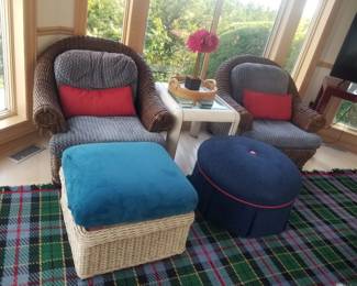 Matching rattan arm chairs; end table; wicker ottoman; upholstered pouf 