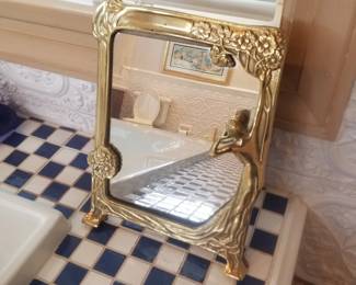 Vintage Art Nouveau-style brass tabletop vanity mirror