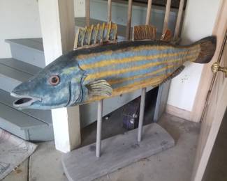 Large handcarved painted wood fish