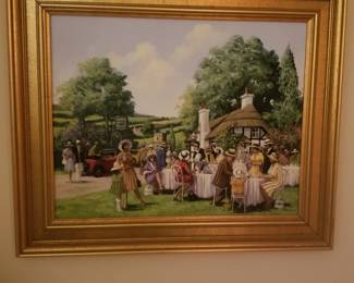 Framed artwork titled "Stop for Tea" by the 20th-century artist Alan King (also known as Akin of Malvern)