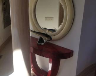 Demilune red lacquer foyer table - 2 available; large mirror - 2 available; fish sculpture