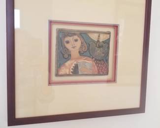 Vintage glazed ceramic relief art tile featuring a stylized figure and a bird, created by the Israeli mid-century modern artist Ruth Faktor