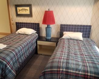 Twin beds; nightstand; table lamp