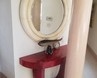 Demilune red lacquer foyer table - 2 available; large mirror - 2 available; fish sculpture