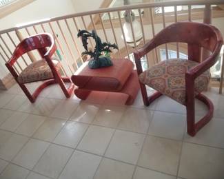 Set of 4 Onassis chairs by Karl Springer; scroll edge accent table; large 15 Dolphin School Brass Sculpture San Pacific SPI 