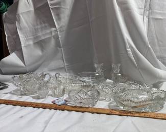 Lot of Vintage Clear Pressed Glass Tableware (Candlesticks, Bowls, Trays) $45.00