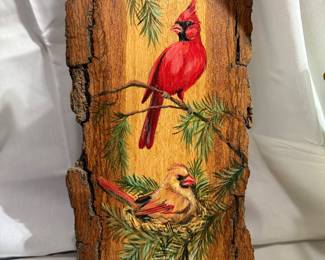 Hand-Painted Cardinal Birds on Natural Tree Wood $10.00