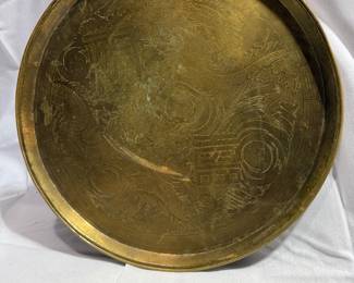 Ornate Engraved Brass Round Tray / Decorative Platter (India)