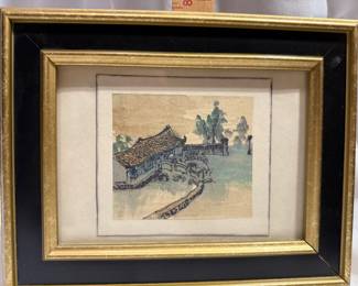 Framed Asian Watercolor Painting of Village Landscape $20.00
