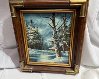 14'' Cabin in Snowy Woods Oil Painting by Cantrell $18.00
