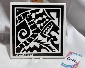 Anasazi Southwest Tribal Black and White Geometric Pattern Pottery Ceramic Art Tile