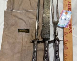 Sterling Silver Handle Carving Knife and Fork Set with Canvas Case