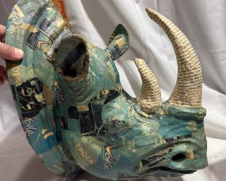 Paper-Mache Collage Rhinoceros Bust Head Wall Sculpture