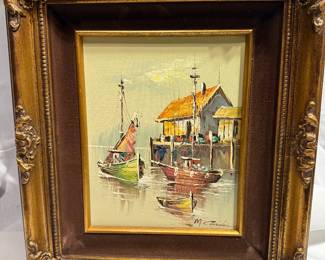 16"  Framed Nautical Harbor Landscape Oil Painting signed $15.00
