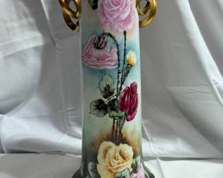 Bavarian Hand-Painted Floral Porcelain Vase with Gilt Handles (has a chip, see photos) $40.00 