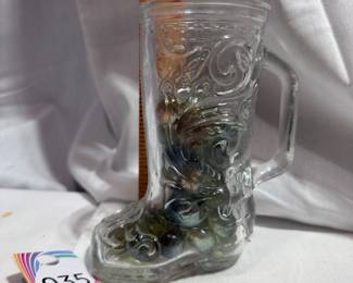 Clear Glass Boot-Shaped Mug filled with Glass Marbles $8.00