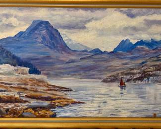 Circa 1890 English or Scottish School oil on canvas- Mountain landscape w/ lake