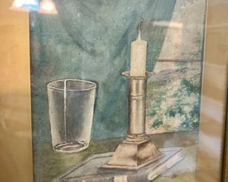Vintage watercolor still-life w/ candle, book, and glass