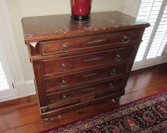 Antique marble top bureau with brass ormolu