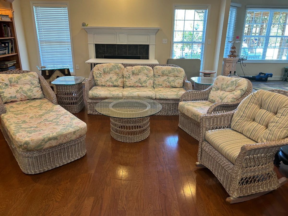 #1 Wicker Sofa by Henry Link 77" long (as-is scratched) $300.00 #2 Wicker Chaise Lounge by Henry Link 74" $325.00 #3 Wicker Pair of End tables by Henry Link 21x28x23 $225.00 #4 Wicker Coffee table by Henry Link 38x18 $175.00 #5 Wicker Rocking chair by Henry Link (as-is some damage) $200.00 #6 Wicker arm chair white wash by Henry Link $225.00