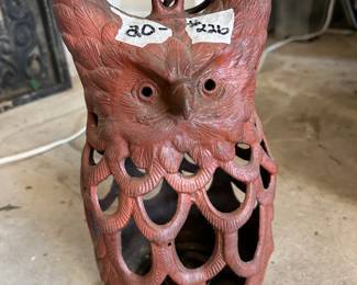 #226 Cast Iron owl candle lantern 12" tall $20.00