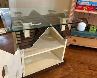 #13 dollhouse end table with beveled glass top, 1 door, 1 shelf 28x23x25 $150.00