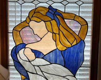 #37 stained glass wood framed hanging, Whispered Promise original design by Tina and Phillip Henson 34x39.5 $200.00