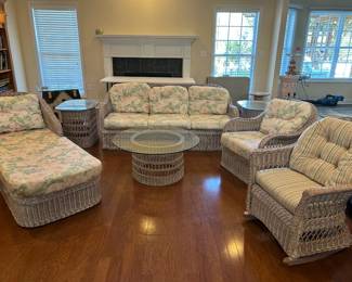 #1	Wicker Sofa by Henry Link 77" long (as-is scratched)	 $300.00  #2	Wicker Chaise Lounge by Henry Link 74"	 $325.00  #3	Wicker Pair of End tables by Henry Link 21x28x23	 $225.00  #4	Wicker Coffee table by Henry Link 38x18	 $175.00  #5	Wicker Rocking chair by Henry Link (as-is some damage)	 $200.00  #6	Wicker arm chair white wash by Henry Link	 $225.00 