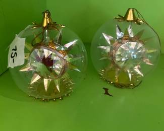 #104 Vintage resl lenz Germany pair of Christmas beaded star orn. Foil glass retro spinner (1 red, 1 clear) $75.00