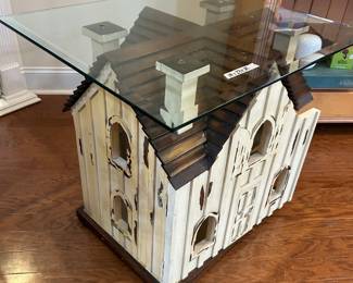#13 dollhouse end table with beveled glass top, 1 door, 1 shelf 28x23x25 $150.00